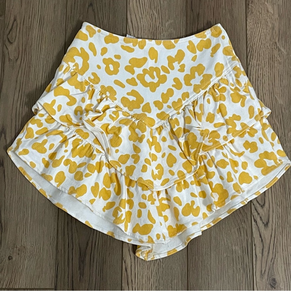 MOTHER The Denim Ruffle Yellow Floral Leopard Mini Skirt‎
